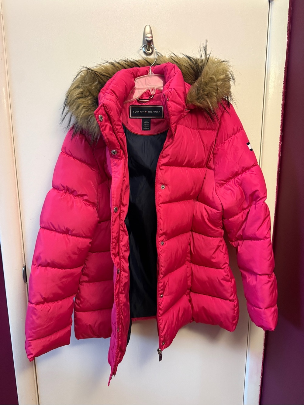 Tommy Hilfiger Hot Pink Quilted Puffer Jacket with Faux Fur Hood